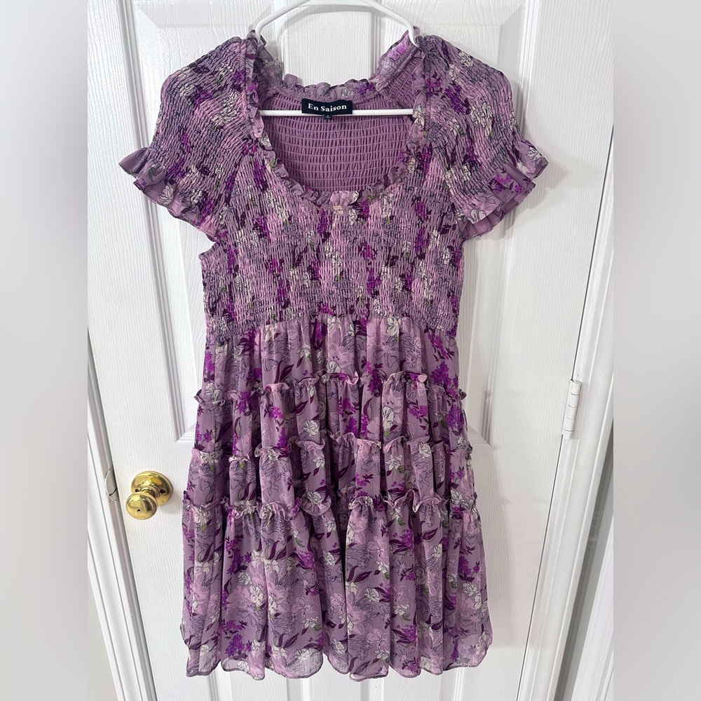 En Saison Luiciate Floral Lavender Smocked Bodice Mini Dress Women’s Small